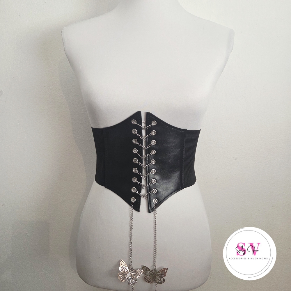 Black corset with silver butterfly charms and chain detail